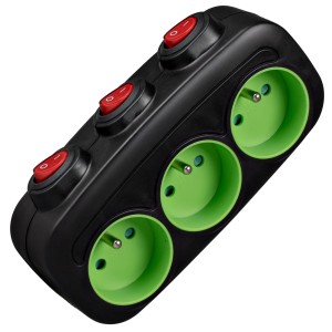 Rozgałęźnik sieciowy 3 gniazda z uziemieniem i wyłącznikami podłużny czarno-zielony VA0357 VAYOX