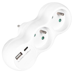 Rozgałęźnik sieciowy 2 gniazda French z uziemieniem + USB-C 2.4A + USB-A 2.4A VA0358 VAYOX